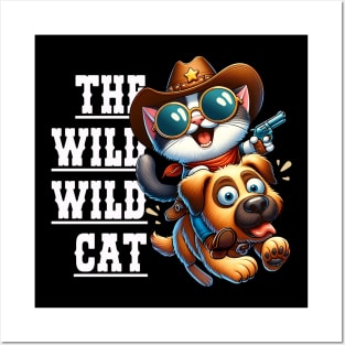 Cartoon Cowboy Cat Riding on Dog - The Wild Wild Cat Posters and Art